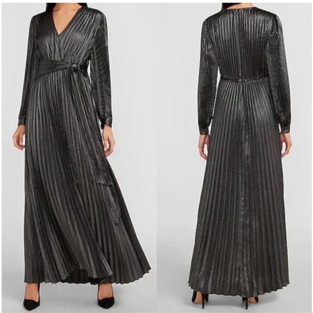 Express Metallic Silver/Black/Gray Pleated Tie Front Maxi Dress